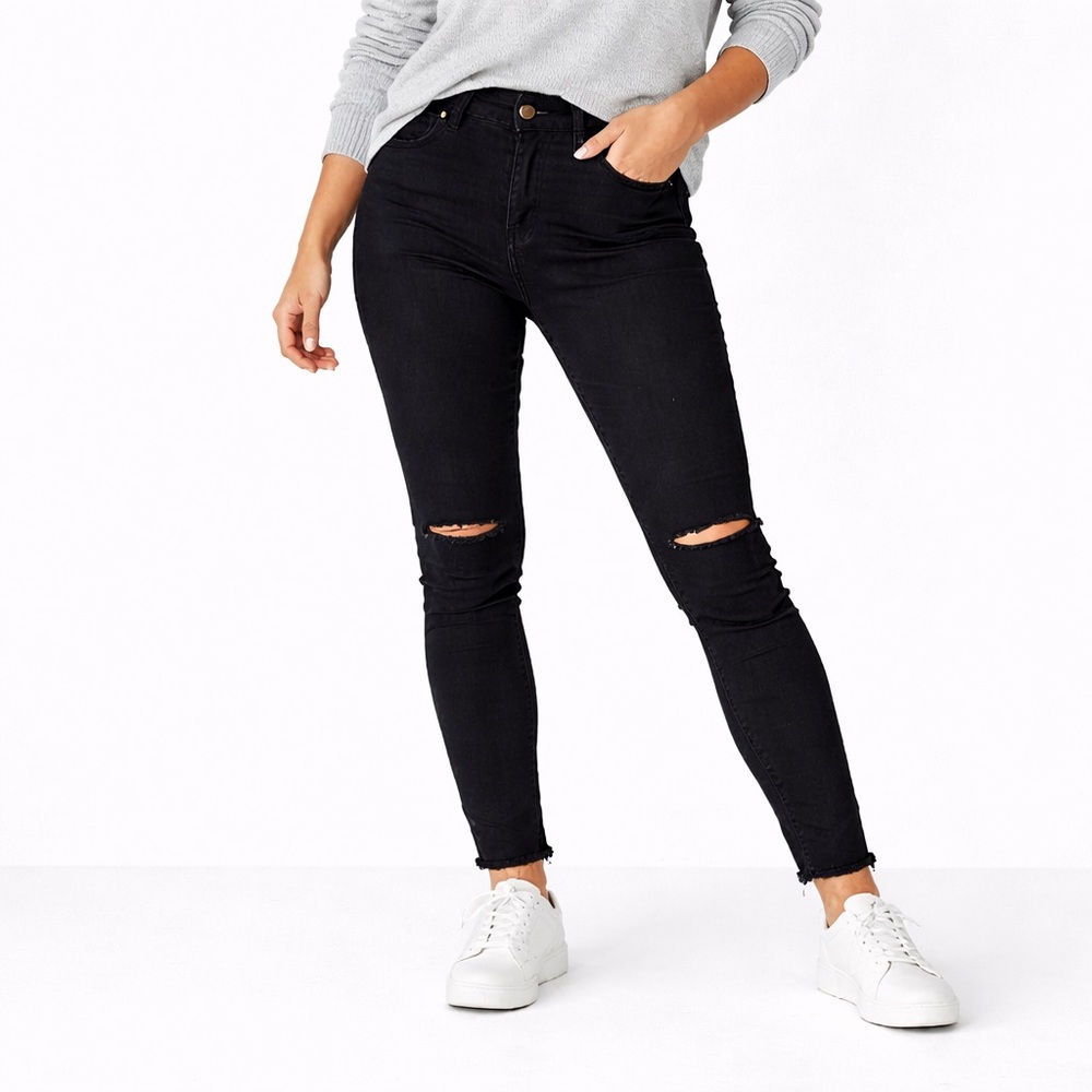 FRAME Denim Le High Skinny Jeans Black Distressed Raw Hem Size 28